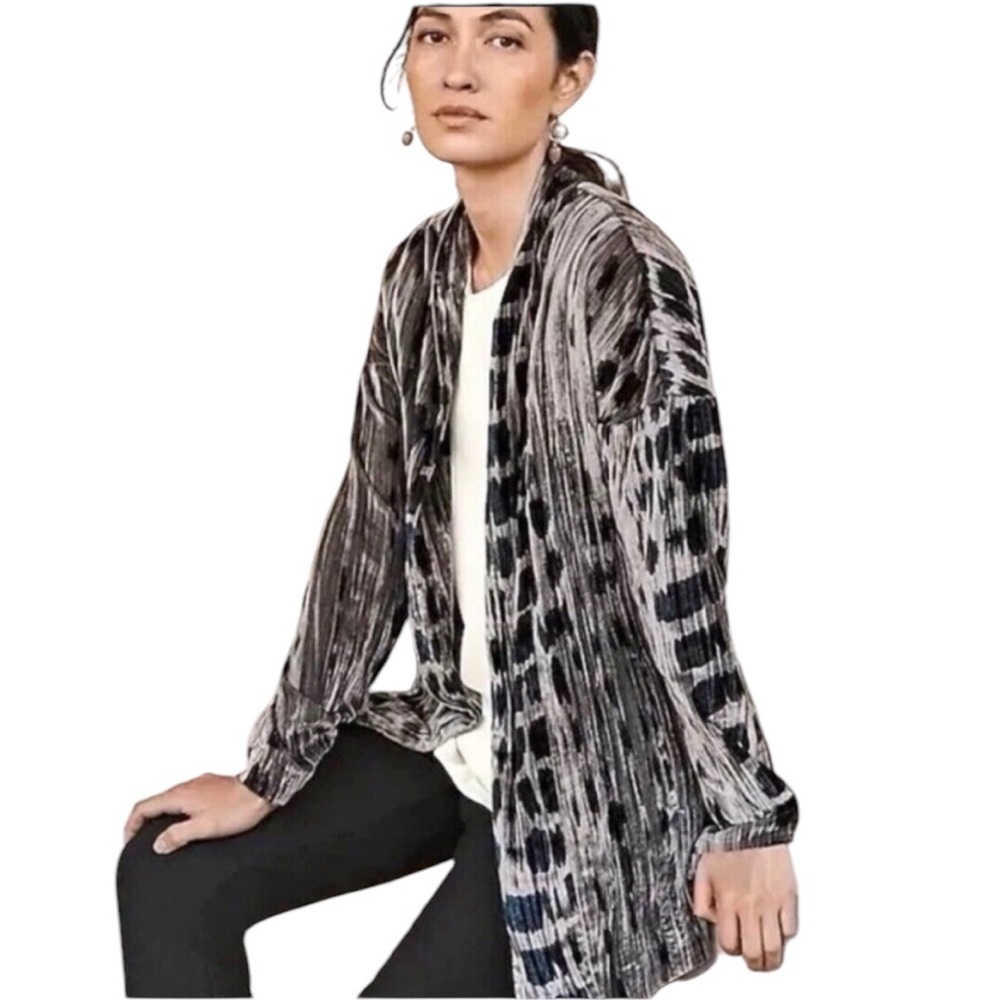 J. JILL SHIBORI PRINT CRUSHED VELVET OPEN FRONT CARDI GRAY NAVY JACKET S T